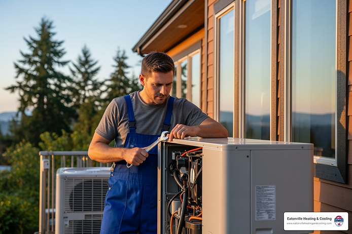 Technician examining heat pump unit outdoors, emphasizing HVAC repair services in Puyallup, WA.