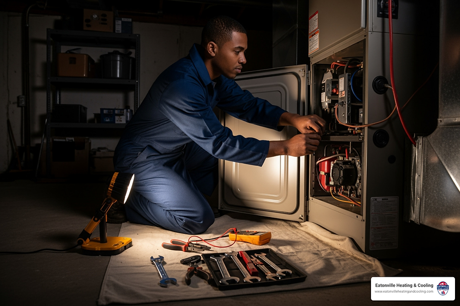 Technician repairing a furnace with tools in a dimly lit basement, highlighting emergency heating repair services in Eatonville, WA.