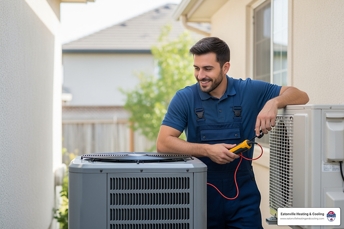 Technician performing maintenance on heat pump unit in Eatonville, showcasing expert HVAC service for home comfort.