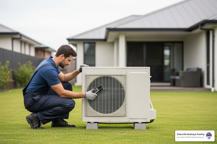 Person standing next to a heat pump unit in a residential yard, showcasing Eatonville Heating & Cooling's installation services.