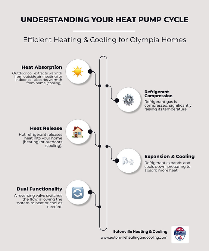 Infographic illustrating heat pump efficiency, featuring temperature management process, energy transfer, and seasonal adaptation for Olympia's climate.
