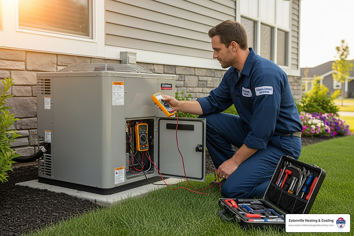 Technician performing heat pump service on outdoor unit in Olympia, WA, using diagnostic tools, with Eatonville Heating & Cooling branding visible.
