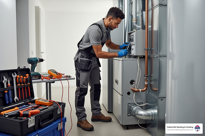 Technician performing heating system installation and maintenance in a residential setting, with tools and equipment nearby, emphasizing professional heating services by Eatonville Heating & Cooling.