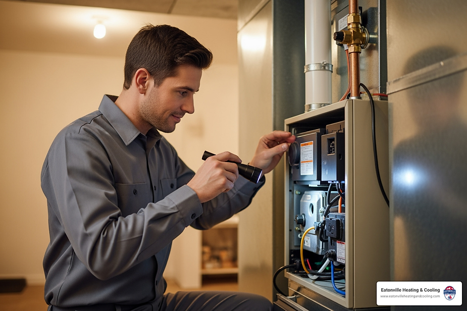 Technician inspecting heating system with flashlight in Olympia, WA, emphasizing professional maintenance for home comfort.