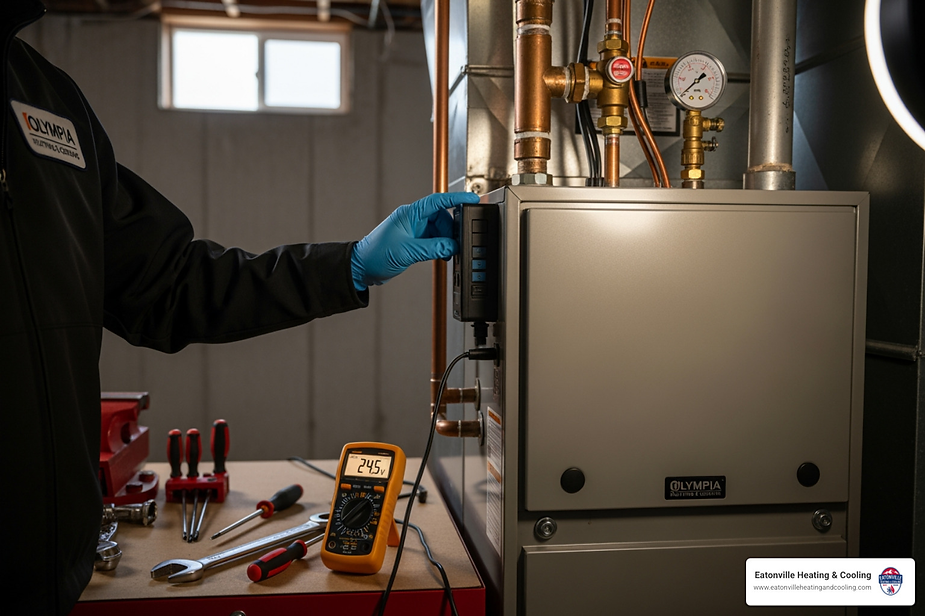 Technician in blue gloves adjusting heating system control in Olympia, WA, with tools and multimeter nearby, emphasizing heating maintenance services.