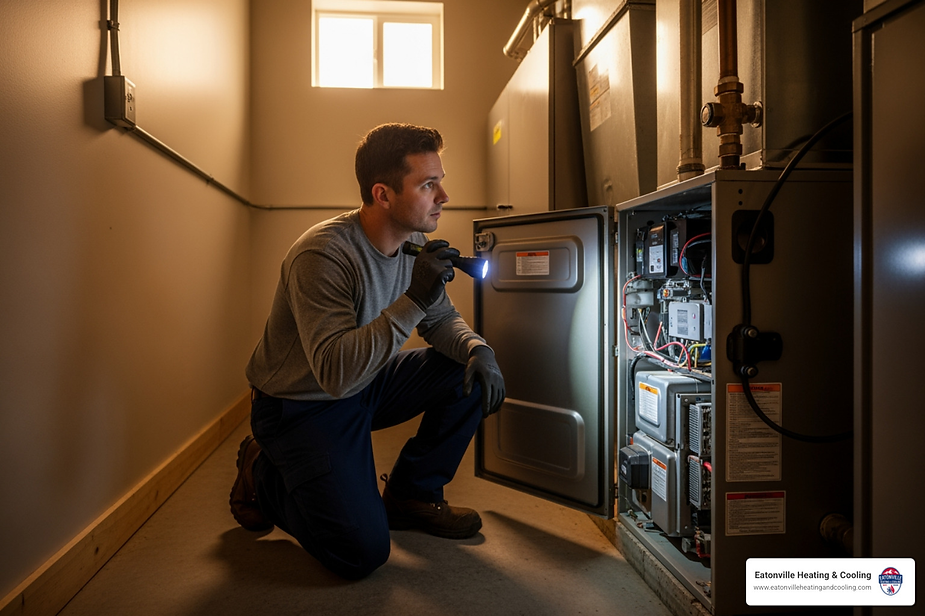 HVAC technician inspecting heating system with flashlight in Eatonville home, emphasizing heating repair services and maintenance.