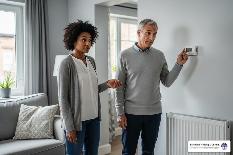Two HVAC technicians discussing heating solutions in a home setting, emphasizing professional heating repair services in Eatonville, WA.