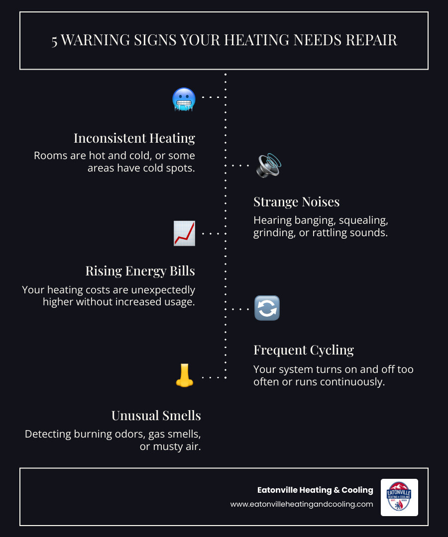 Infographic detailing common heating system issues and warning signs for homeowners, emphasizing the importance of timely heating repair services in Tacoma, WA.