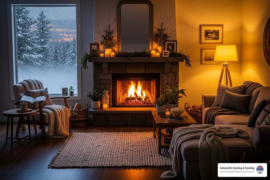 Cozy living room with a fireplace, warm flames, and snowy outdoor view, highlighting the importance of heating comfort in Tacoma's winter climate, featuring Eatonville Heating & Cooling branding.