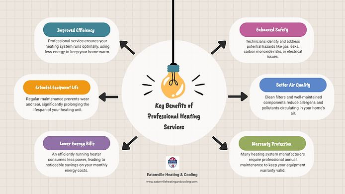 Colorful infographic illustrating home heating service options and benefits, relevant to Eatonville Heating & Cooling's offerings in Tacoma, WA.