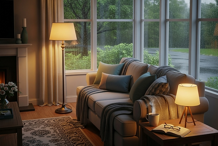 Cozy living room with a sofa, decorative pillows, a warm lamp, and a coffee cup, set against a rainy window, emphasizing comfort during Tacoma's cool winters.