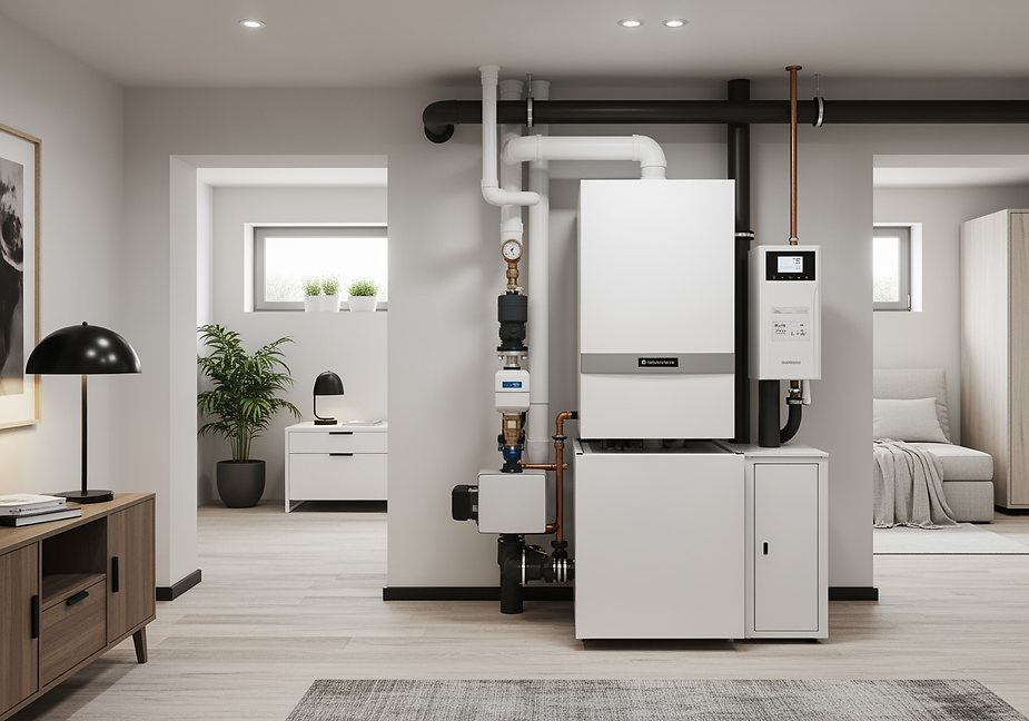 Modern boiler installation in a home setting, featuring white boiler unit with pipes, pressure gauge, and control panel, surrounded by contemporary decor and indoor plants, relevant to Tacoma homeowners upgrading heating systems.