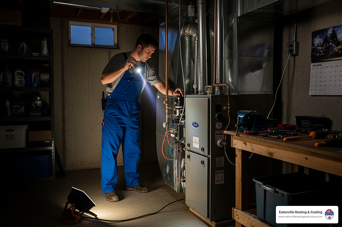 Technician in blue overalls inspecting a furnace with a flashlight in a dimly lit basement, emphasizing emergency heating service in Olympia, WA.