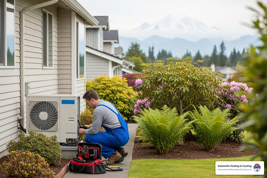 Technician in blue overalls repairing a heat pump unit outside a home in Puyallup, WA, with lush landscaping and mountains in the background, representing Eatonville Heating & Cooling's expert heat pump repair services.