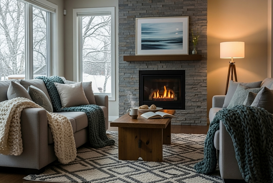 Cozy living room setting with a modern fireplace, emphasizing warmth and comfort for winter heating maintenance in Tacoma, WA.