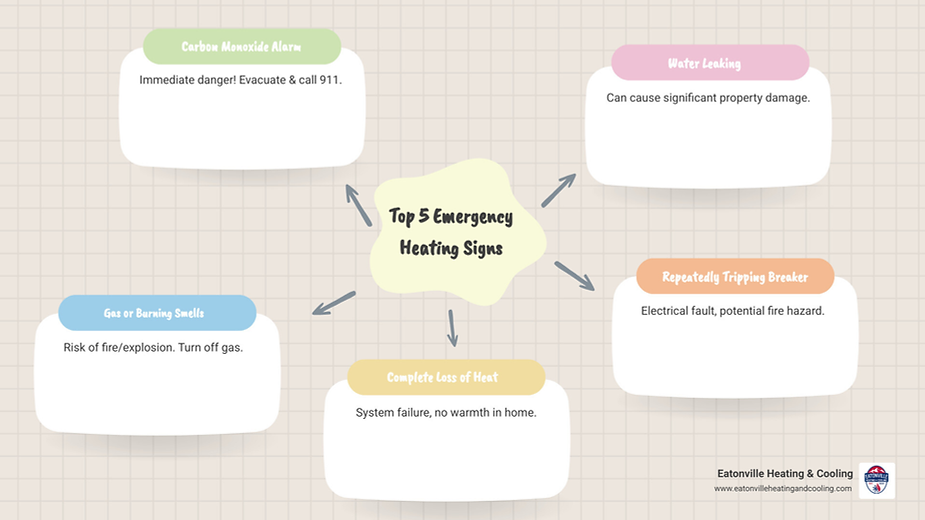 Colorful infographic illustrating key signs of heating system issues, emphasizing the importance of 24-hour heating repair services in Tacoma, WA, provided by Eatonville Heating & Cooling.