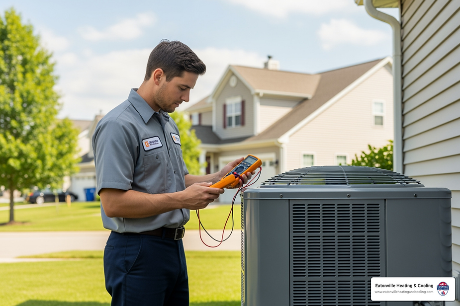 Technician from Eatonville Heating & Cooling inspecting a heat pump with a multimeter in a residential setting, emphasizing emergency service expertise in Olympia, WA.