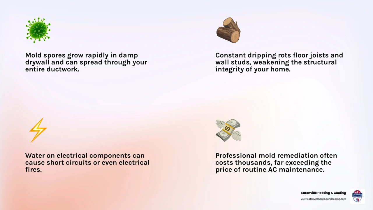 Infographic showing the risks of ignoring AC leaks: structural rot, mold, and electrical issues infographic Infographic showing the risks of ignoring AC leaks: structural rot, mold, and electrical issues infographic