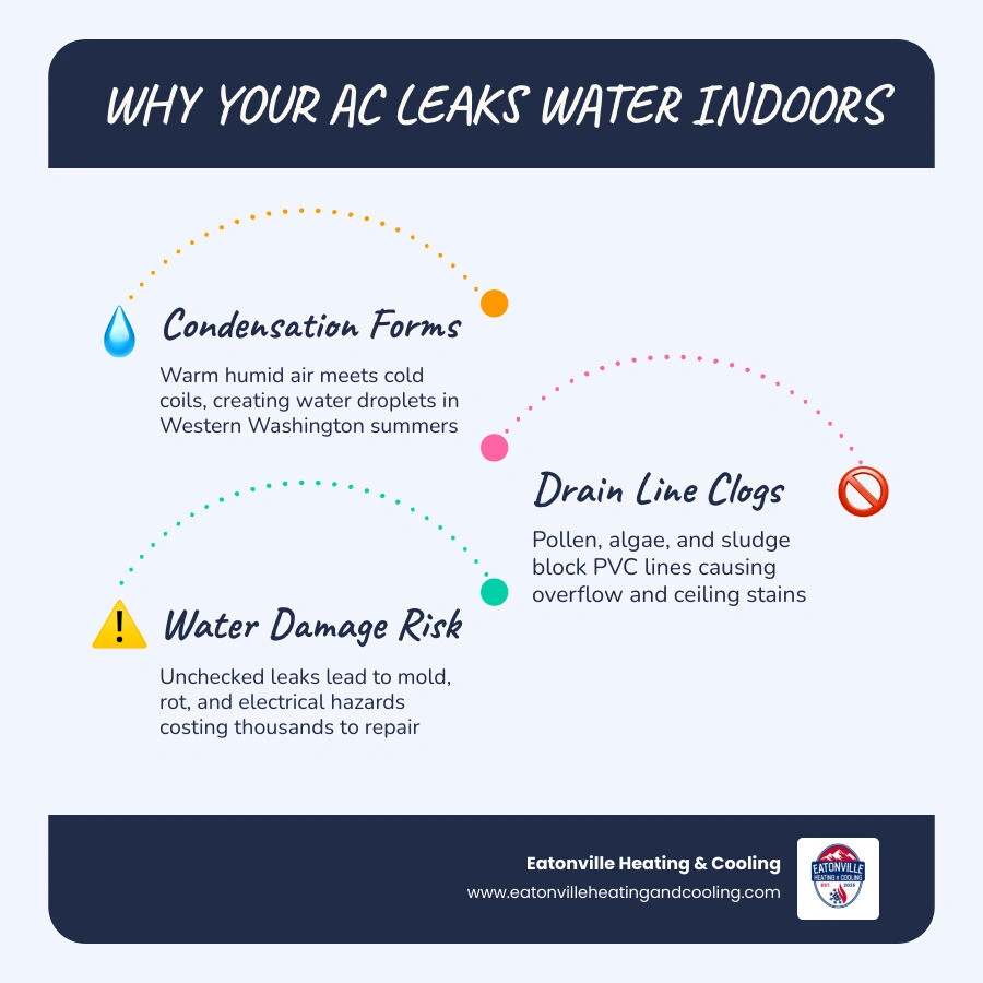 Infographic showing AC moisture removal cycle, common leak causes, and quick fixes for Western Washington homeowners Infographic showing AC moisture removal cycle, common leak causes, and quick fixes for Western Washington homeowners