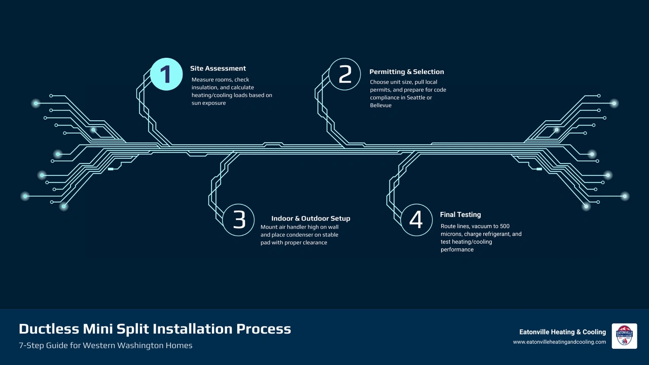 7-step ductless mini split installation process overview infographic for Western Washington homeowners infographic 7-step ductless mini split installation process overview infographic for Western Washington homeowners infographic