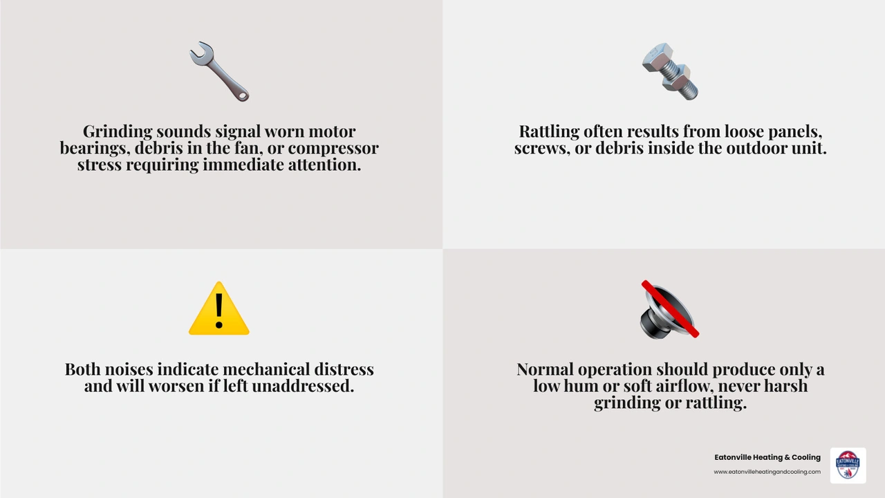 Infographic showing normal heat pump sounds vs abnormal grinding and rattling noises with causes infographic