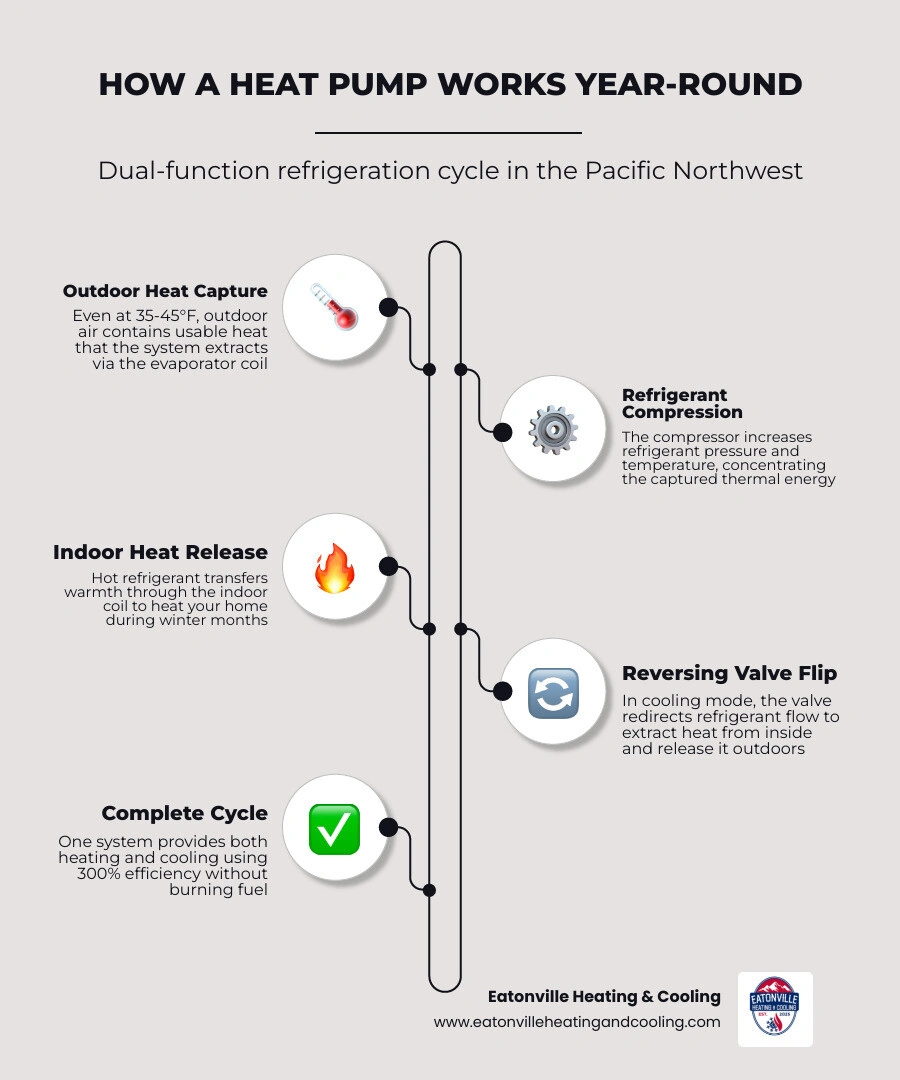 Infographic showing how a heat pump provides both heating and cooling in the Pacific Northwest climate infographic