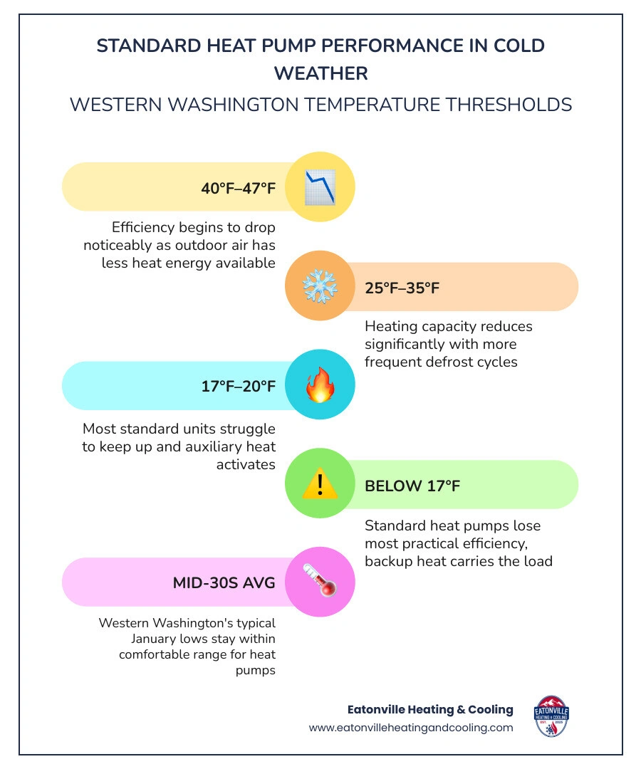 infographic showing standard heat pump efficiency drop at 40°F, 20°F, and below 17°F in Western Washington infographic infographic showing standard heat pump efficiency drop at 40°F, 20°F, and below 17°F in Western Washington infographic