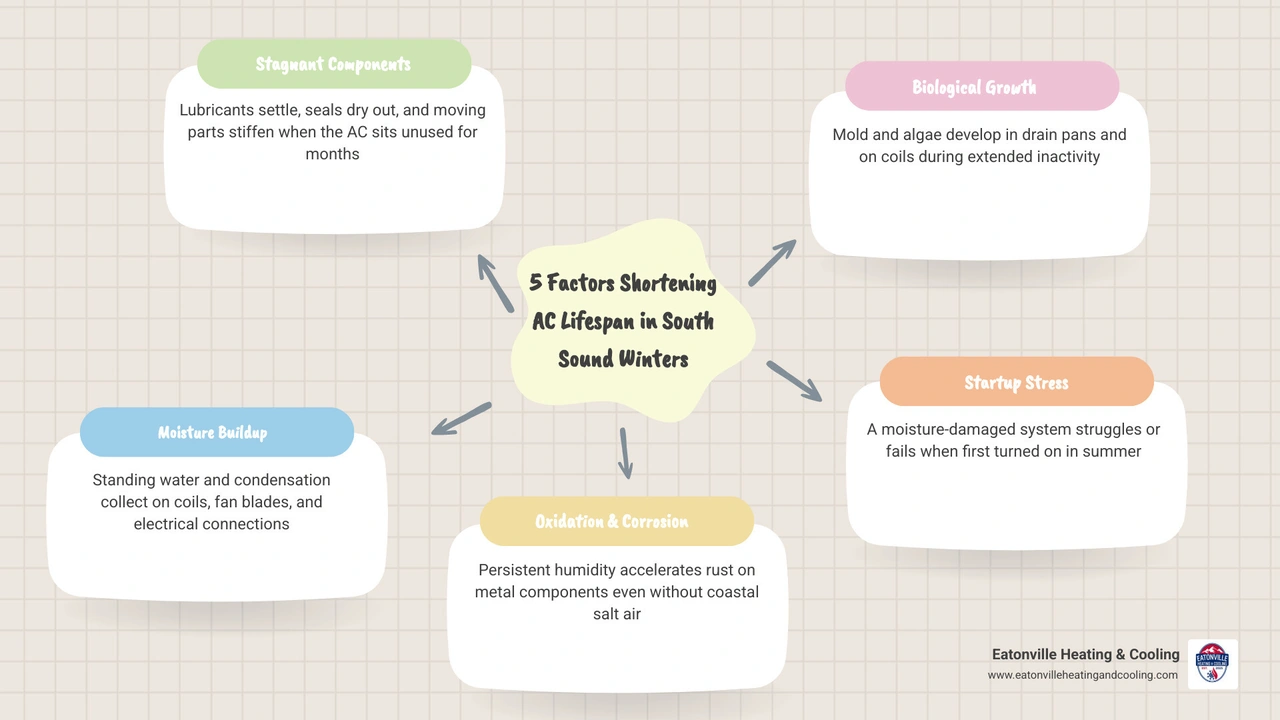 Infographic showing 5 factors that shorten AC lifespan in South Sound winters: infrequent use, moisture buildup, oxidation Infographic showing 5 factors that shorten AC lifespan in South Sound winters: infrequent use, moisture buildup, oxidation