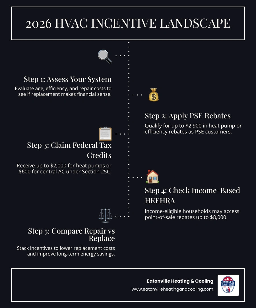 Infographic showing 2026 HVAC incentive landscape with PSE rebates, federal tax credits, and HEEHRA rebate tiers infographic Infographic showing 2026 HVAC incentive landscape with PSE rebates, federal tax credits, and HEEHRA rebate tiers infographic
