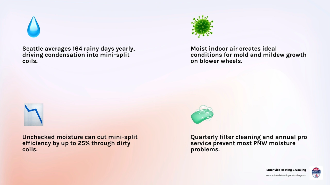 Infographic showing how Pacific Northwest moisture leads to mold, mildew, debris buildup, and efficiency loss in mini splits Infographic showing how Pacific Northwest moisture leads to mold, mildew, debris buildup, and efficiency loss in mini splits
