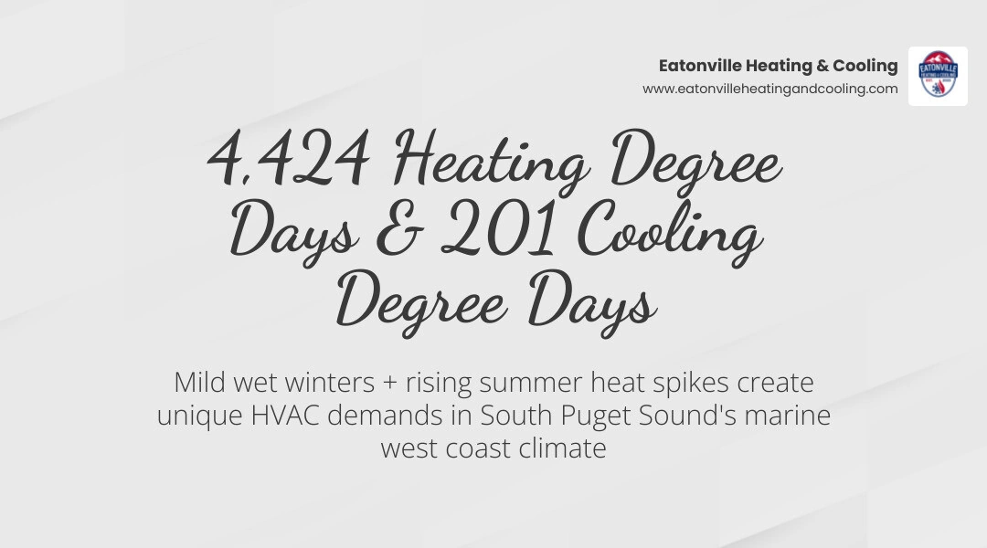 Infographic showing South Puget Sound seasonal temperature ranges, humidity levels, heating and cooling degree days, and