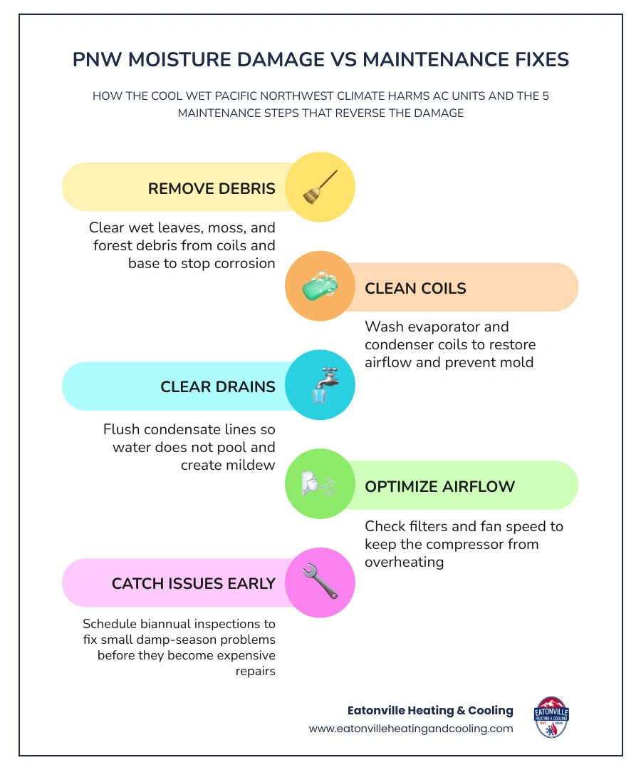 Infographic showing how Pacific Northwest moisture damages AC components and how maintenance prevents each issue infographic Infographic showing how Pacific Northwest moisture damages AC components and how maintenance prevents each issue infographic