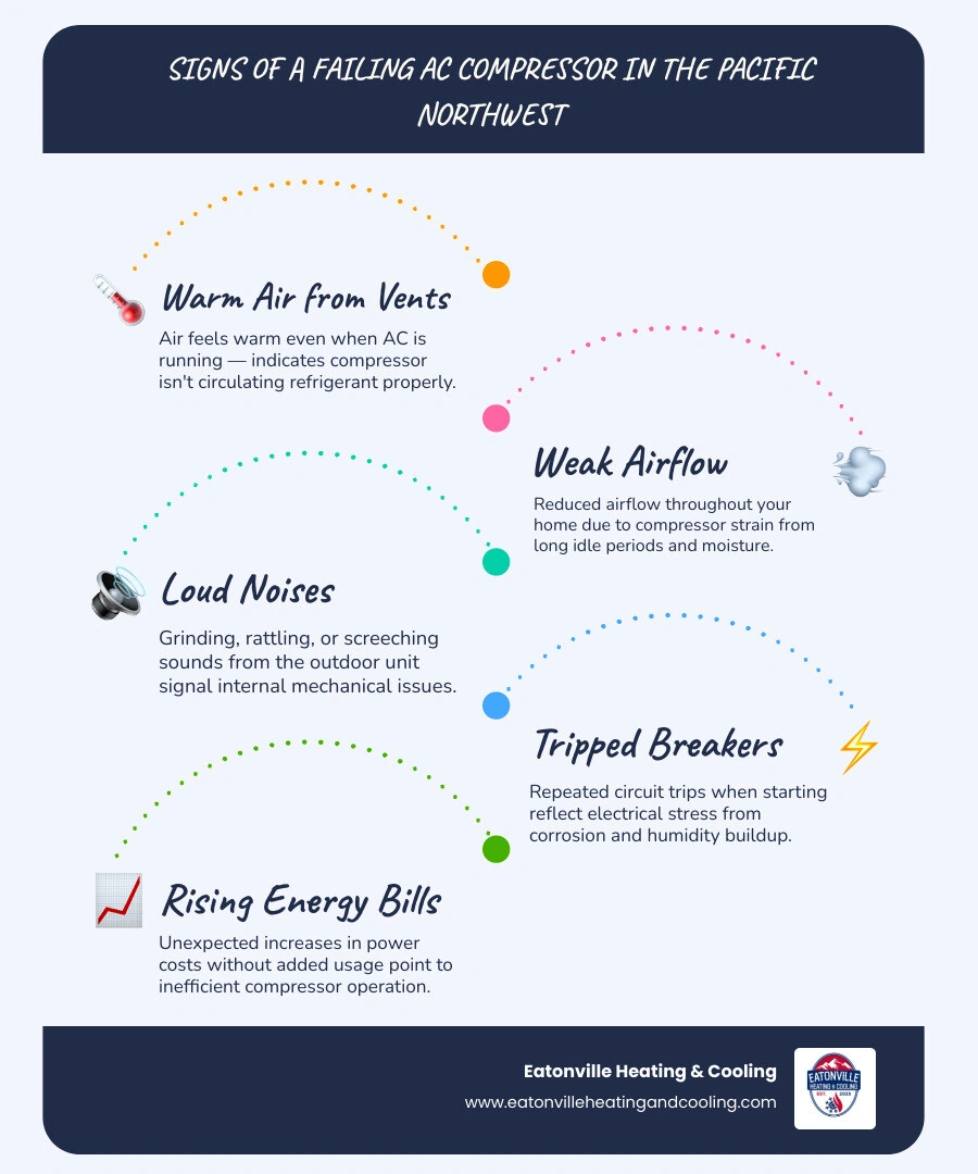 Infographic showing 8 signs of a failing AC compressor in the Pacific Northwest climate infographic Infographic showing 8 signs of a failing AC compressor in the Pacific Northwest climate infographic