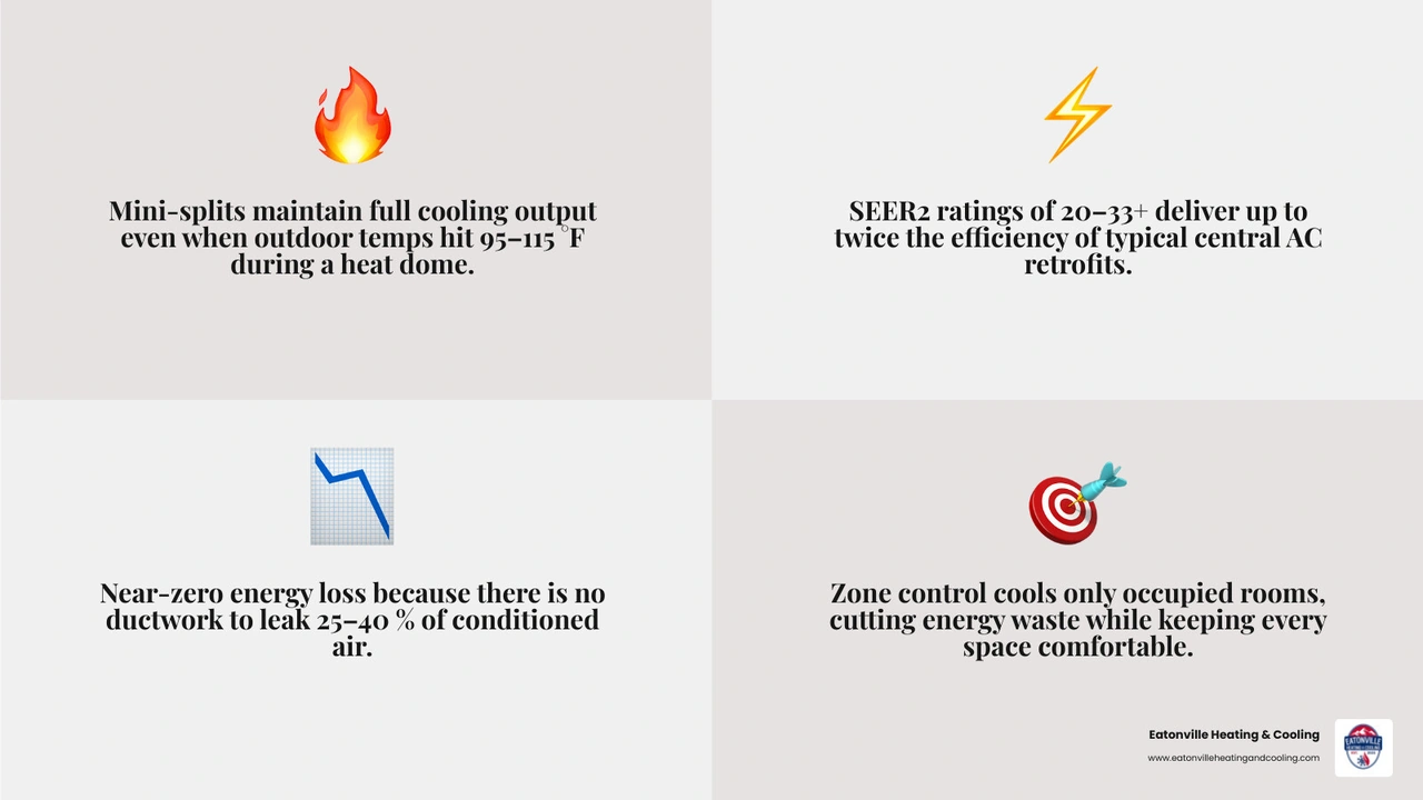 Infographic showing how ductless mini-splits handle Pacific Northwest heat dome events with key performance stats infographic Infographic showing how ductless mini-splits handle Pacific Northwest heat dome events with key performance stats infographic