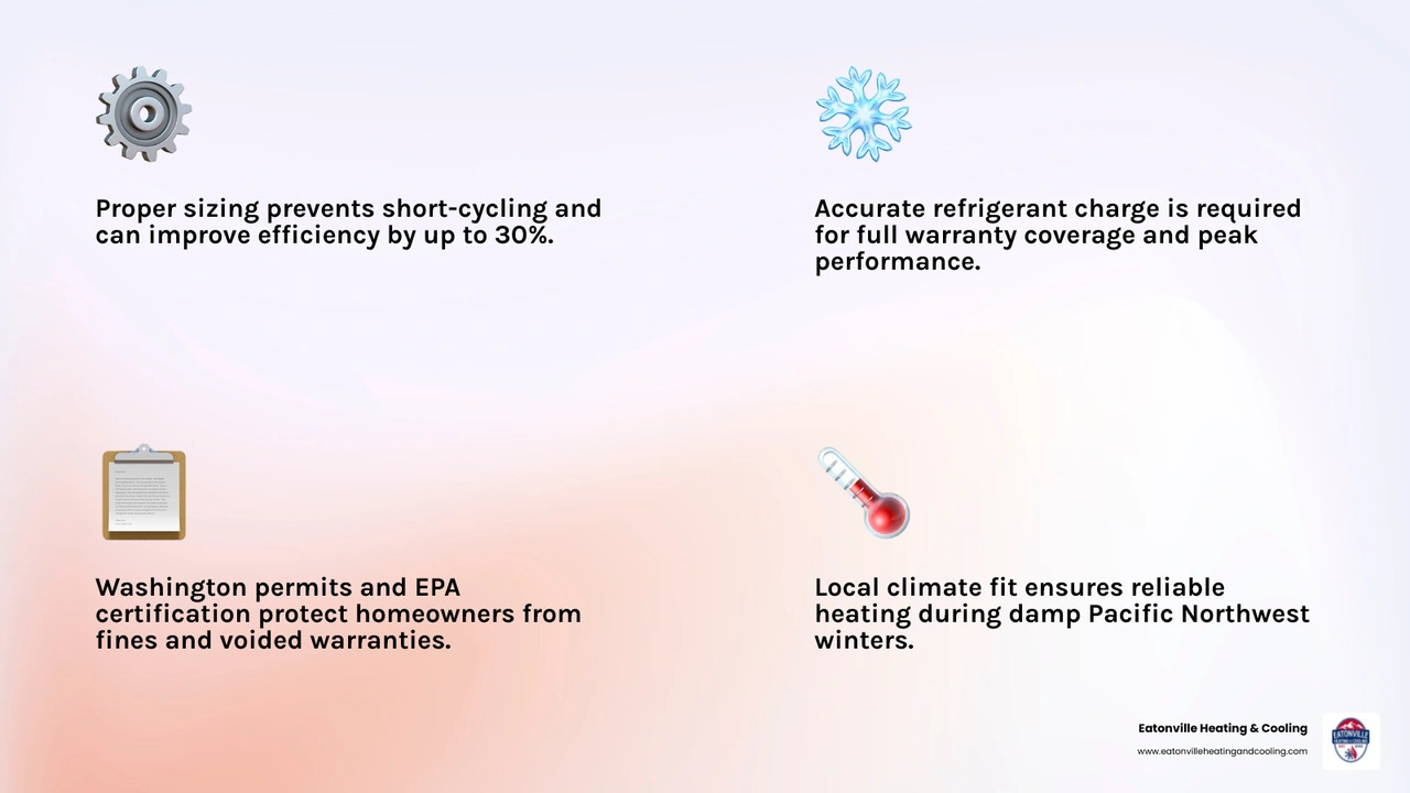 Infographic showing how proper heat pump installation affects efficiency, warranty, and energy costs in Washington State Infographic showing how proper heat pump installation affects efficiency, warranty, and energy costs in Washington State