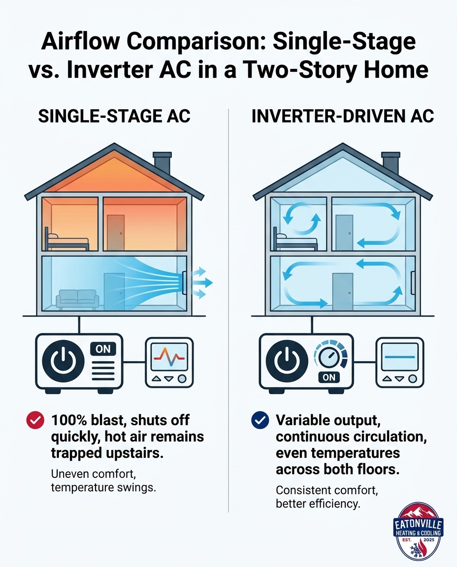 Airflow Comparison: Single-Stage vs. Inverter AC in a Two-Story Home