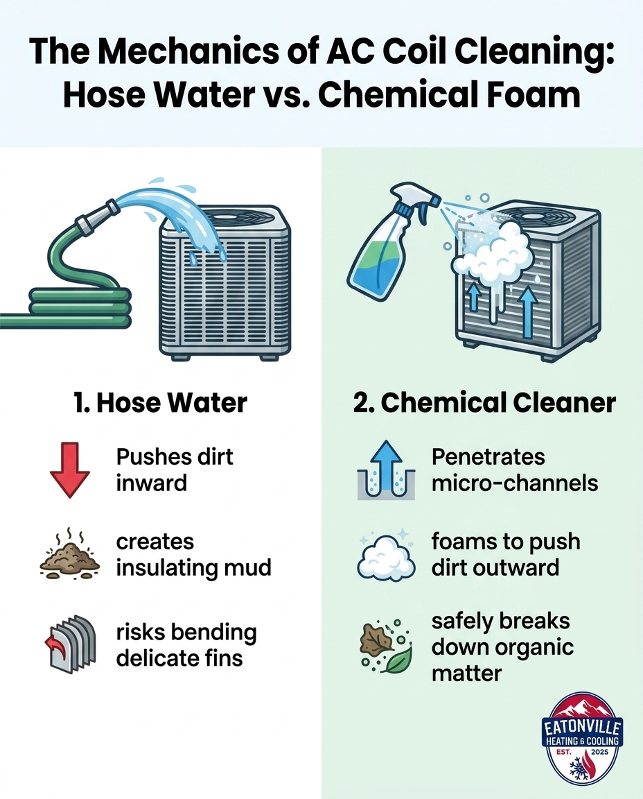 The Mechanics of AC Coil Cleaning: Hose Water vs. Chemical Foam