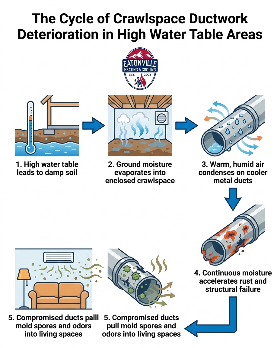 The Cycle of Crawlspace Ductwork Deterioration in High Water Table Areas