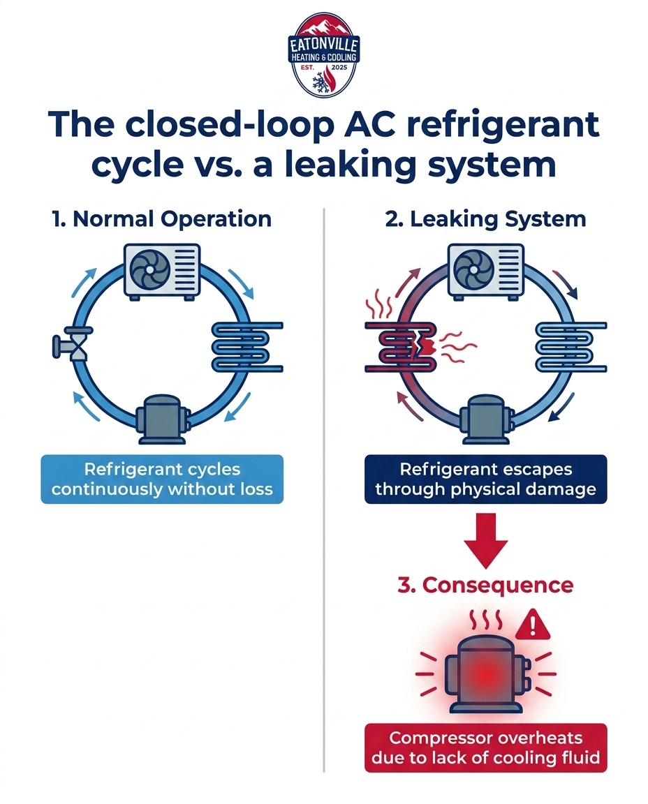 The closed-loop AC refrigerant cycle vs. a leaking system