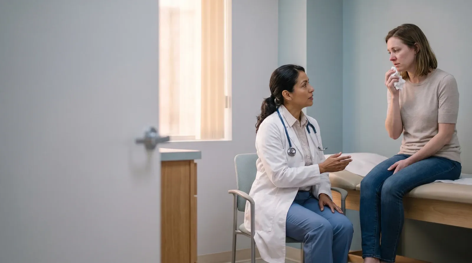 Mother holding child while being seen by a nurse at AllCare urgent care