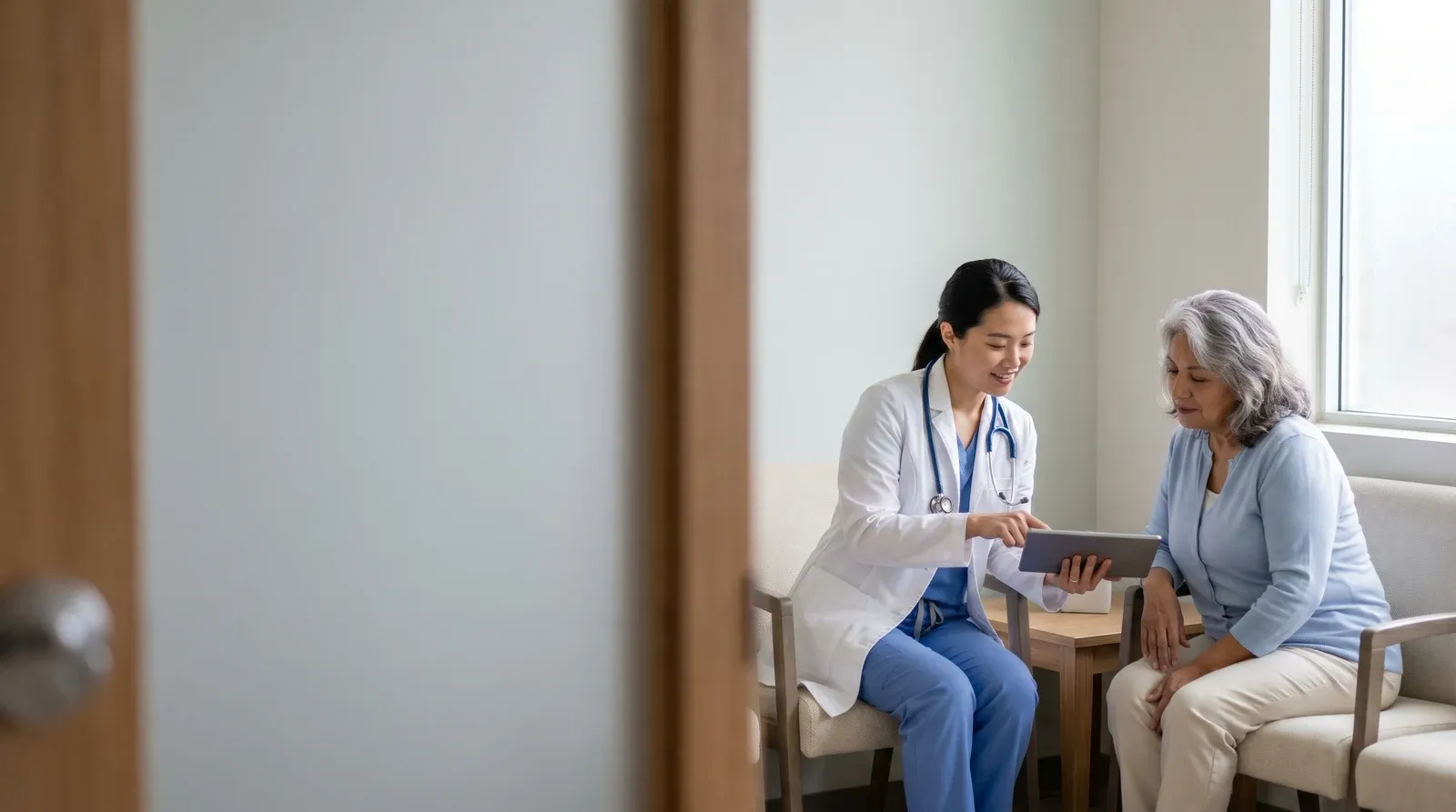 Mother holding child while being seen by a nurse at AllCare urgent care