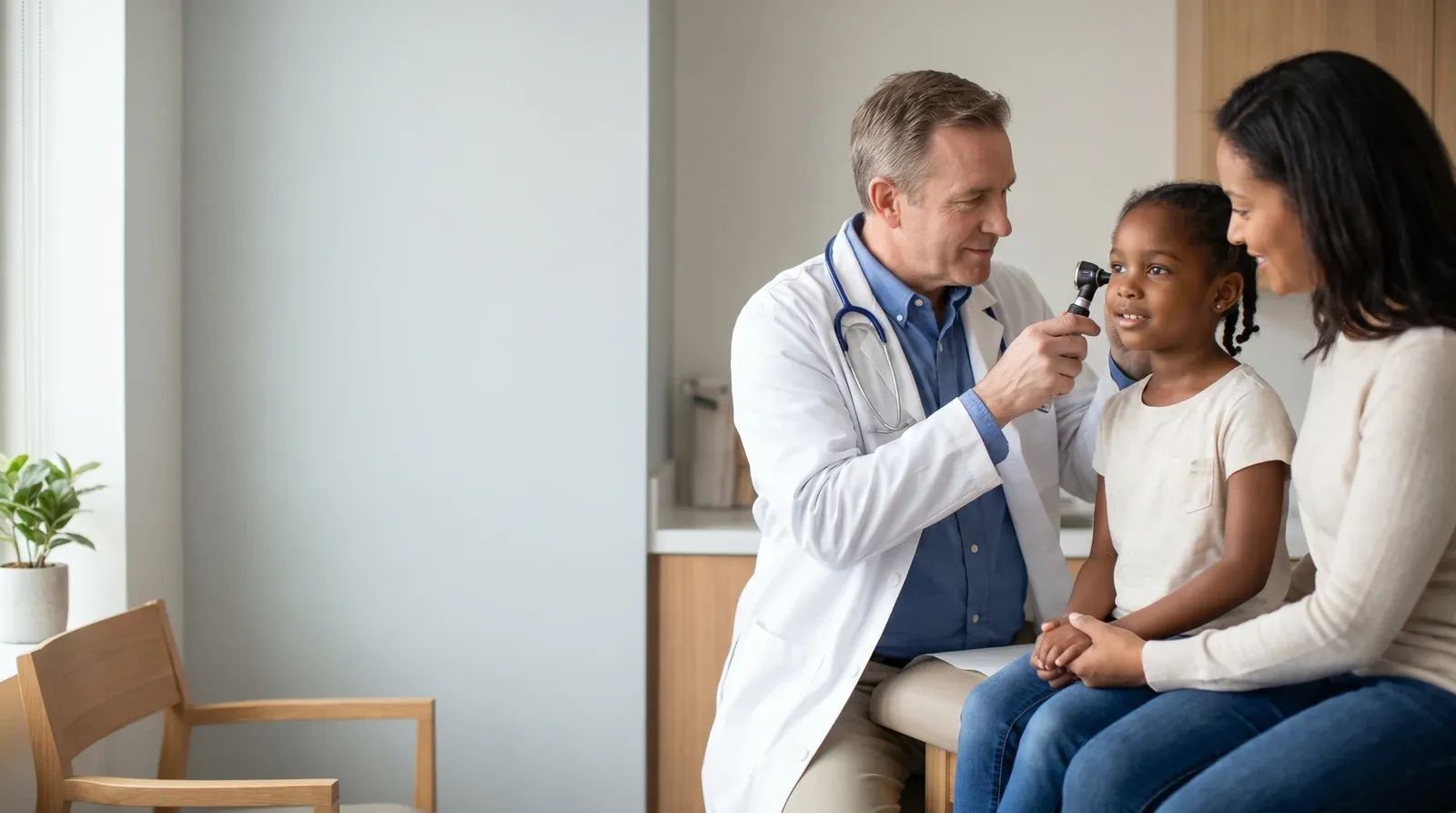 Mother holding child while being seen by a nurse at AllCare urgent care