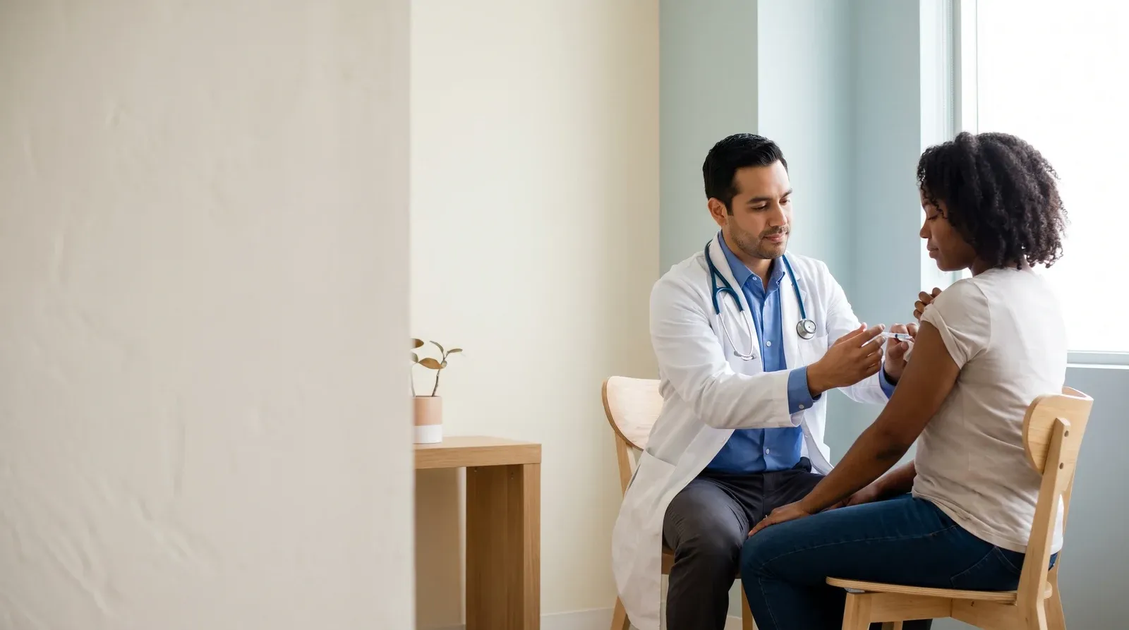 Mother holding child while being seen by a nurse at AllCare urgent care