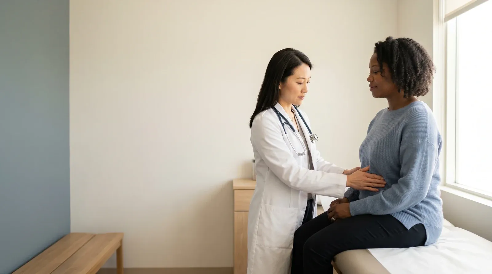 Mother holding child while being seen by a nurse at AllCare urgent care