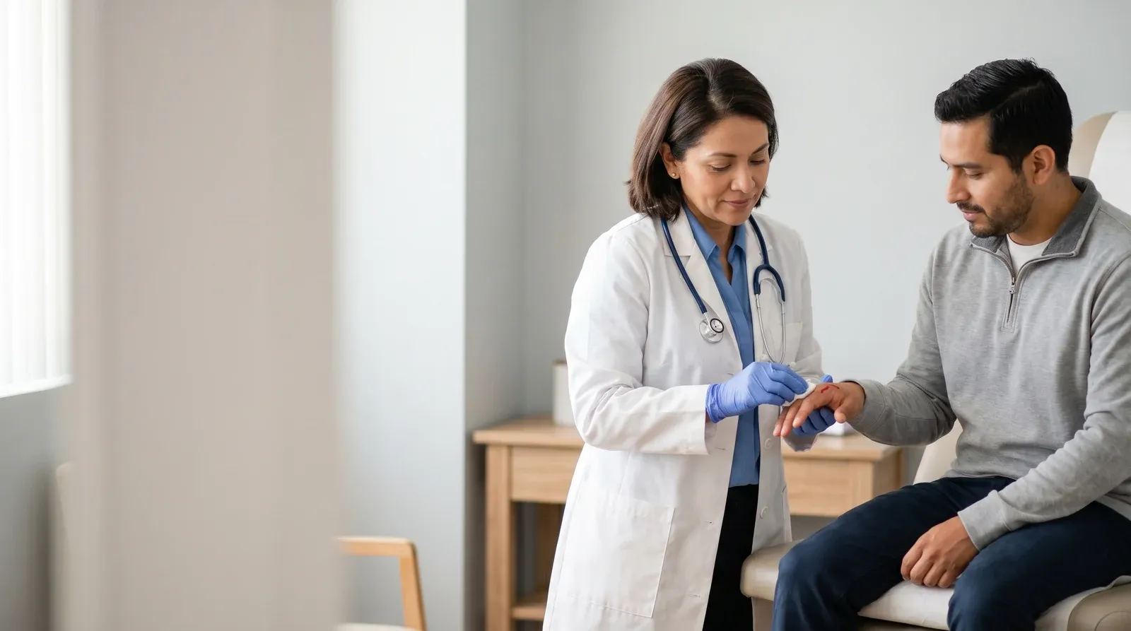 Mother holding child while being seen by a nurse at AllCare urgent care