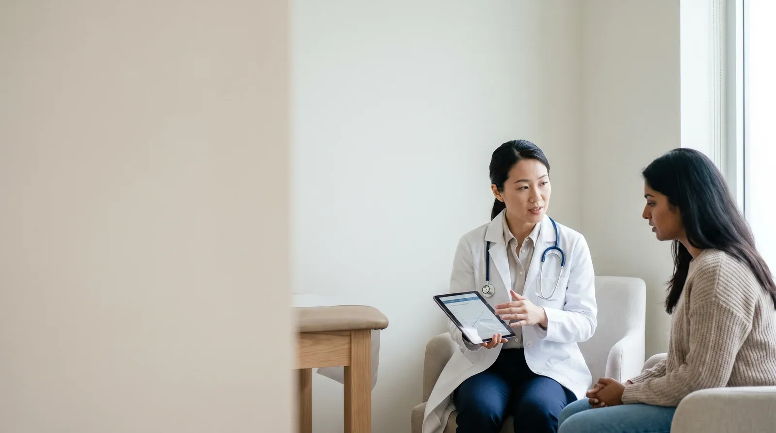 Mother holding child while being seen by a nurse at AllCare urgent care