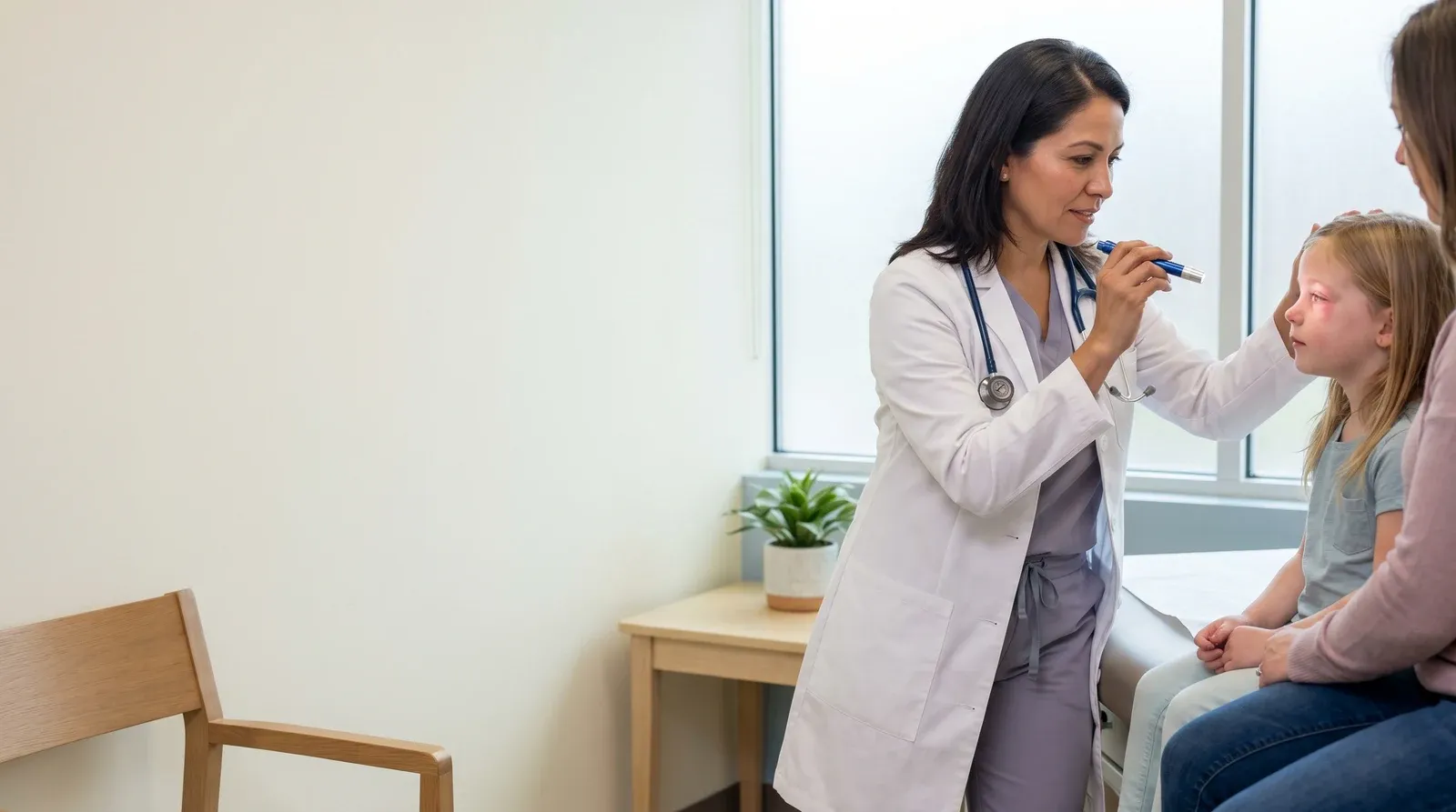 Mother holding child while being seen by a nurse at AllCare urgent care