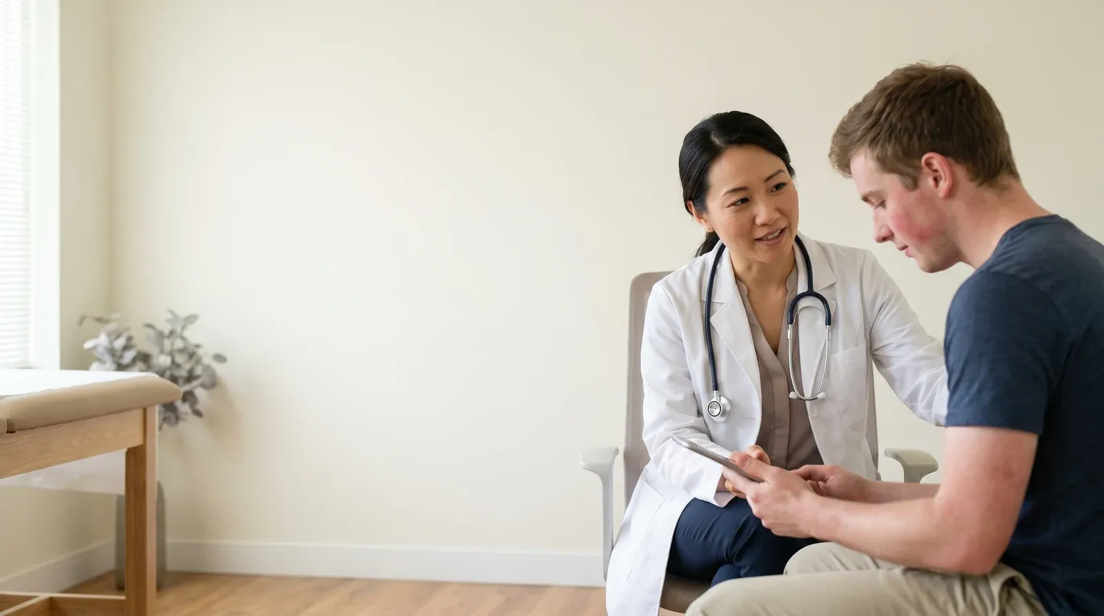 Mother holding child while being seen by a nurse at AllCare urgent care