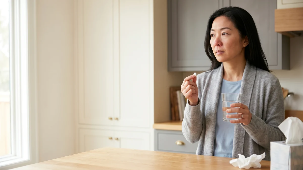 A woman holding an allergy tablet and a glass of water