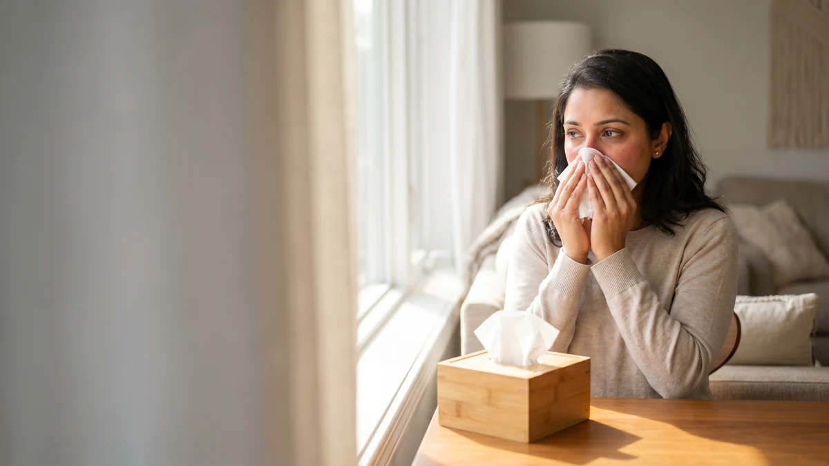 A woman blowing her nose into a tissue at home